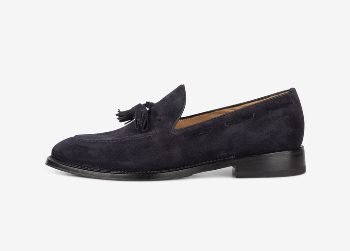 Blue suede loafer with tassels