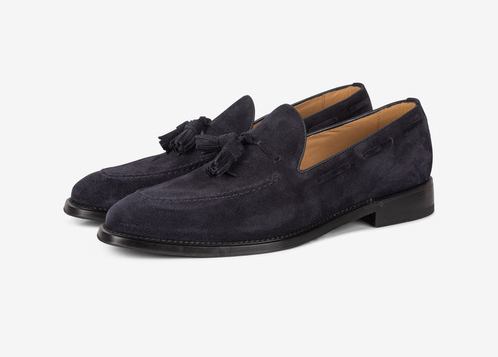 Blue suede loafer with tassels