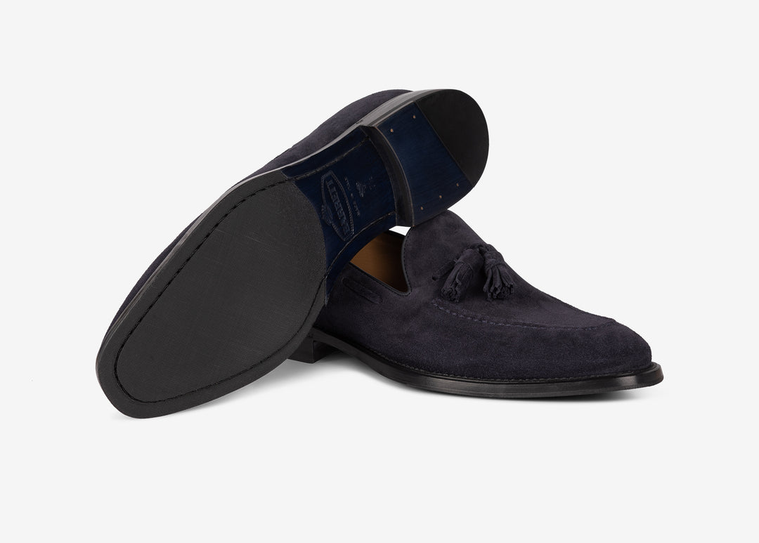 Blue suede loafer with tassels