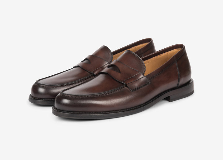 Brown college loafer in hand-aged leather